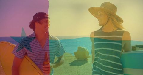 Surfers Enjoying Coastal Friendship with Sea View and Surfboards