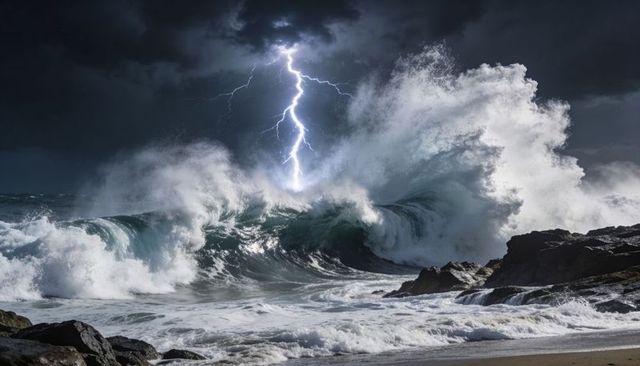 Lightning-struck ocean waves crashing over rocky shore, dramatic storm surge scene