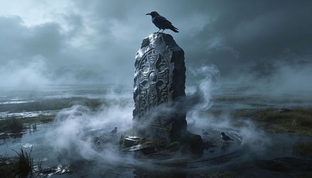 Ornate runestone rising from misty marsh with perched raven and swirling fog