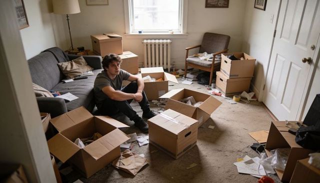 Young man sitting amid moving boxes in cluttered apartment unpacking and sorting