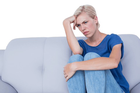 transparent background thoughtful blonde woman sitting on couch - Download Free Stock Videos Pikwizard.com