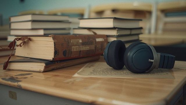 Vintage books and headphones on wooden desk in classroom