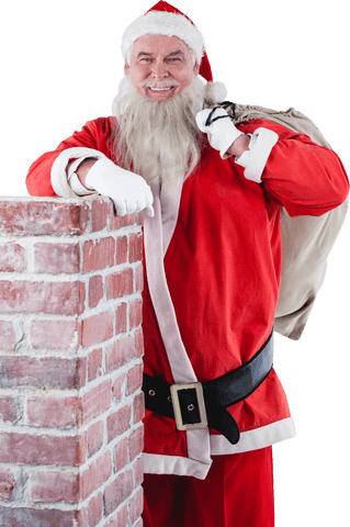 Smiling Santa Claus Carrying Transparent Gifts Bag by Chimney