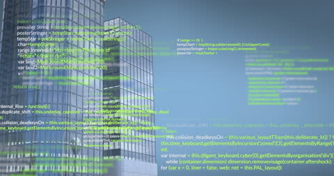 Visualization depicting digital data processing overlaying modern urban skyscrapers. Ideal for illustrating technology in business, global computing, or showcasing digital advancements in urban centers. Suitable for use in presentations about IT and programming, technology updates, or digital transformation.