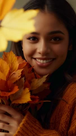 Hispanic woman smiling and shaking autumn leaves while wearing rust sweater vertical video