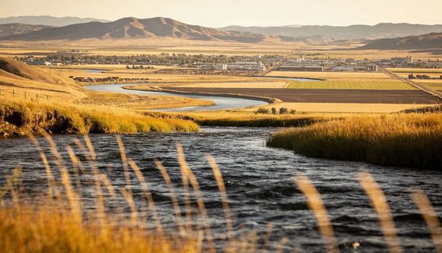 Golden hour river winding through agricultural valley with meadows, reeds and distant silos