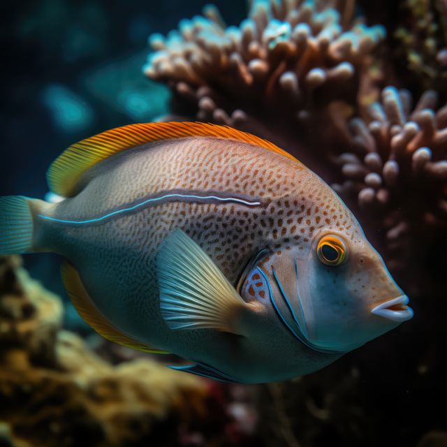 Grey tropical fish with pattern and coral reef in sea, created using generative ai technology. Fish, animals and nature concept, digitally generated image.