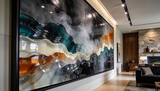 Glossy resin wave wall art transforming contemporary living room with teal and amber veins