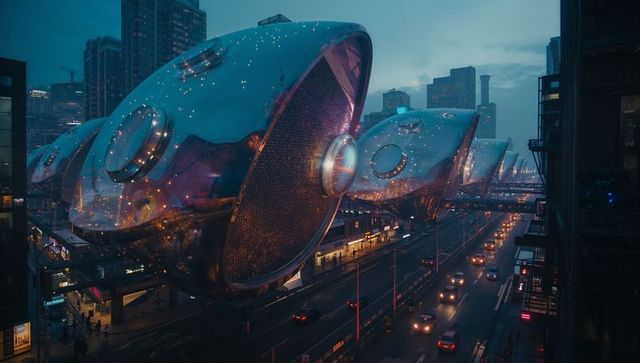 Futuristic hovering pods above cityscape at dusk