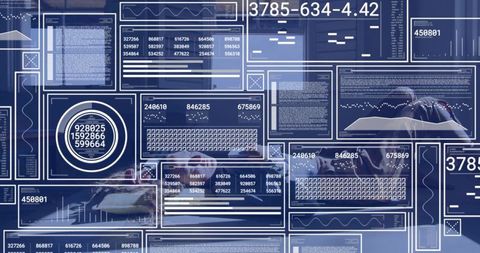 Reclining casually dressed woman typing on laptop on sofa with futuristic HUD analytics