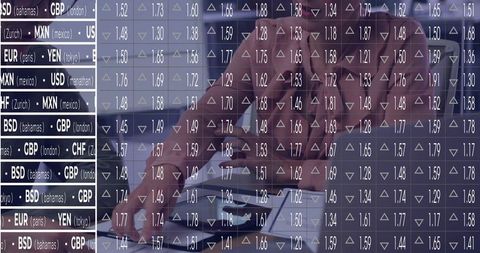 Stressed trader leaning on hand at desk with laptop, phone, papers and currency ticker overlay