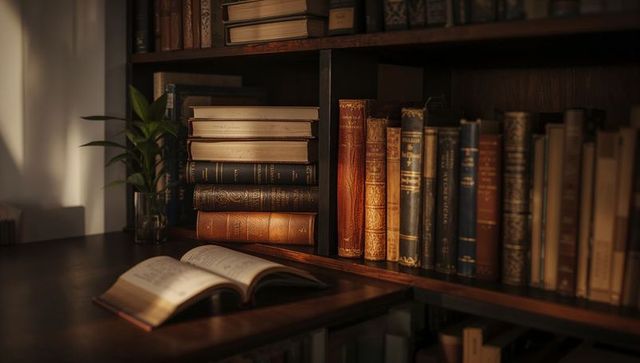 Displaying open hardcover book on polished wooden desk with leather-bound books and warm moody light