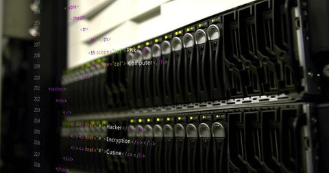 Server rack with html code overlay in data center