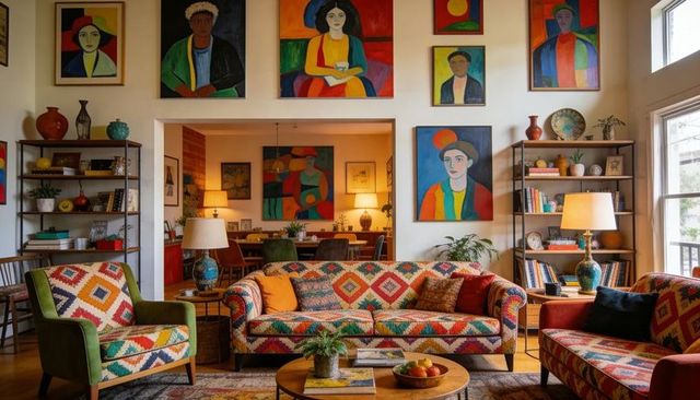 Vibrant eclectic cozy living room featuring patterned geometric sofa and gallery wall art