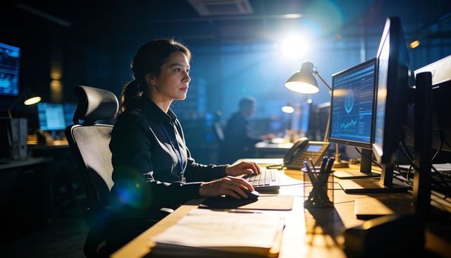 Asian analyst typing and monitoring financial charts in dim backlit control room