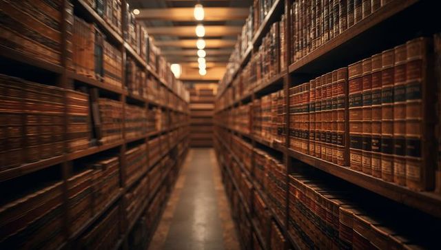 Vintage leather-bound books lining narrow wooden library aisle under warm pendant lighting
