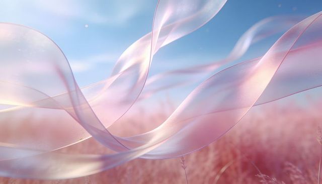 Dreamlike pastel ribbons drifting over pink meadow under soft blue sky, translucent fabric