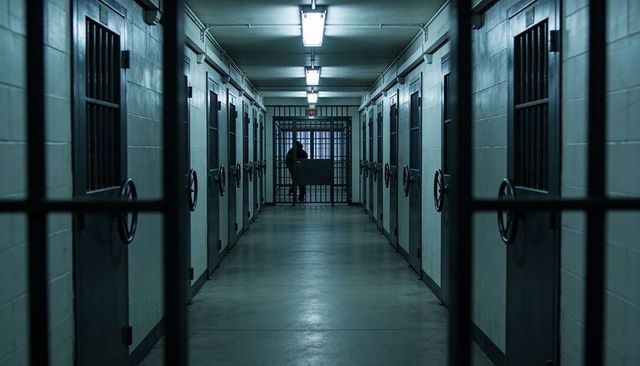 Correctional Guard Carrying Box in Dim Prison Corridor Lined with Metal Cell Doors