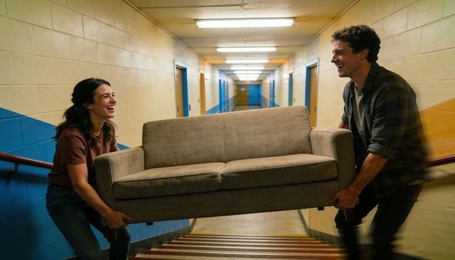 Young adults carrying two-seater sofa up stairwell in corridor smiling teamwork moving day
