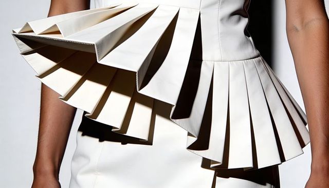 Showcasing structured white pleated peplum dress casting bold architectural sculptural shadows