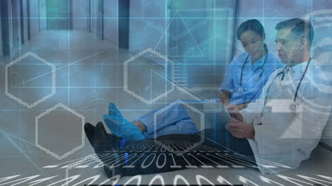 Medical Professionals Analyzing Data with Digital Interface Overlay