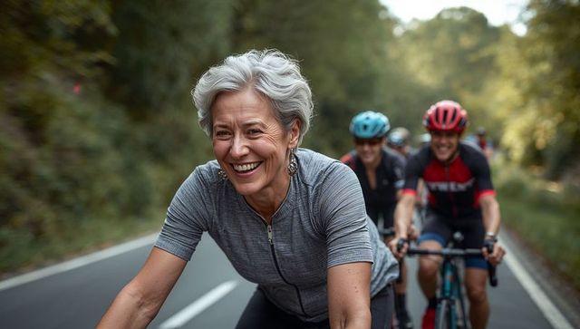 Senior Pedal Enthusiasts Enjoying Cycling Excursion on Country Road