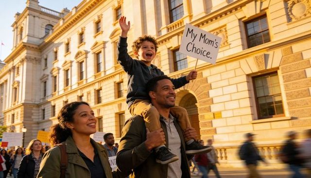 Diverse family marching for choice with child on shoulders holding my mom's choice sign