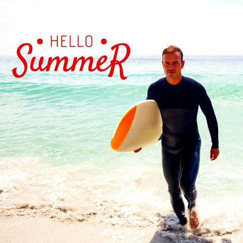 Surfer Walking with Surfboard at Beach with Summer Greeting - Download Free Stock Templates Pikwizard.com