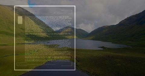 Augmented HUD Overlay Displaying Remote Mountain Tarn and Moorland Valley with Microtext