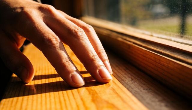 Sunlit fingertips resting on polished wooden windowsill with warm morning glow