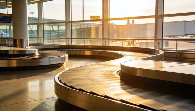 Glinting curved baggage carousel casting golden reflections in modern airport terminal