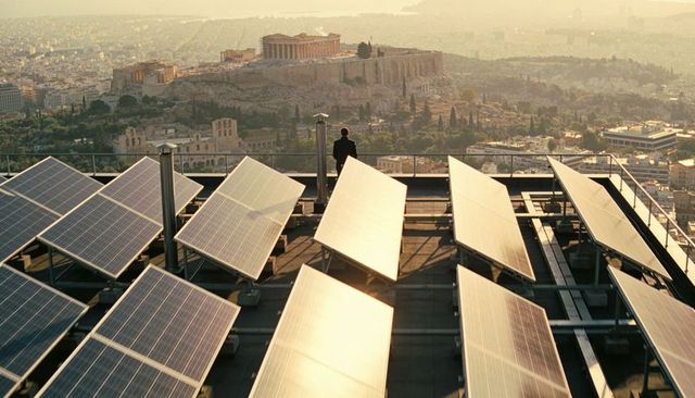 Rooftop solar array overlooking acropolis at sunrise, man observing city skyline