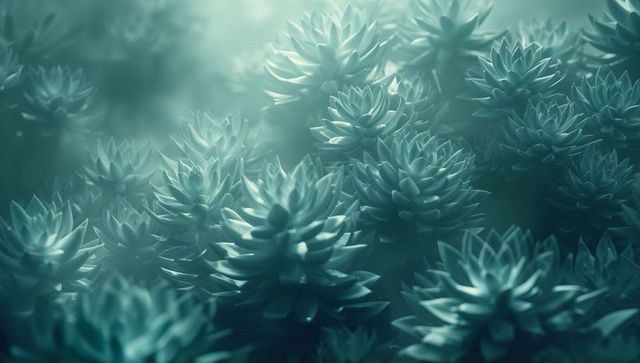 Teal hued succulent rosettes in misty haze greenhouse