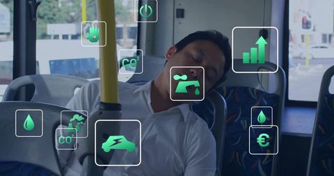 Tired Commuter Sleeping on Bus Surrounded by Green Energy and Environmental Icons
