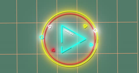 Retro Neon Play Button and Geometric Background Concept Art