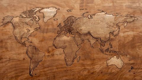 Engraved Wooden World Map Art with Detailed Contours