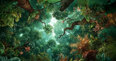 Sunlight Filtering through Mystical Jungle Canopy with Swaying Vines
