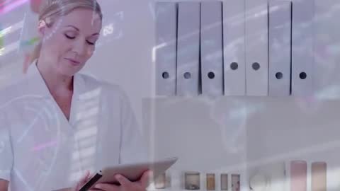 Female Clinician Using Tablet with Augmented HUD Accessing Digital Binders for Clinical Records