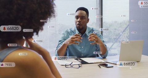 Manager presenting strategy in modern office meeting with social media notification badges