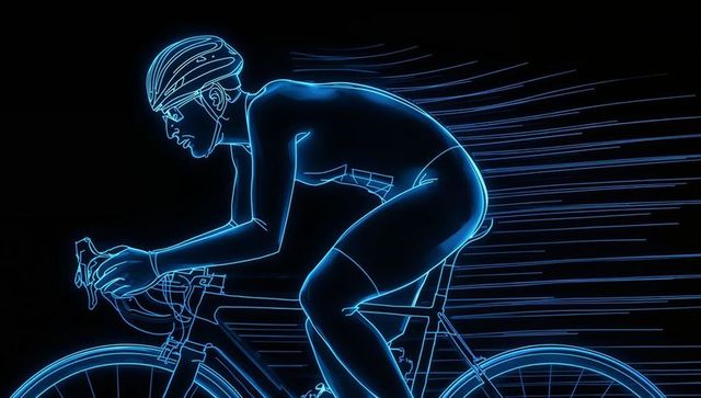 Futuristic neon cyclist in motion displaying speed