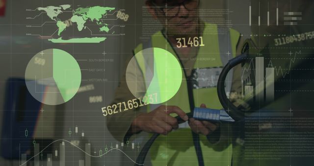 Technician analyzing diagnostics on heavy machinery with augmented data graphics - Download Free Stock Images Pikwizard.com