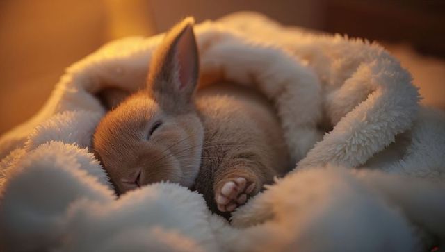 Sleeping baby rabbit nestling in plush cream blanket with warm golden glow and soft paw