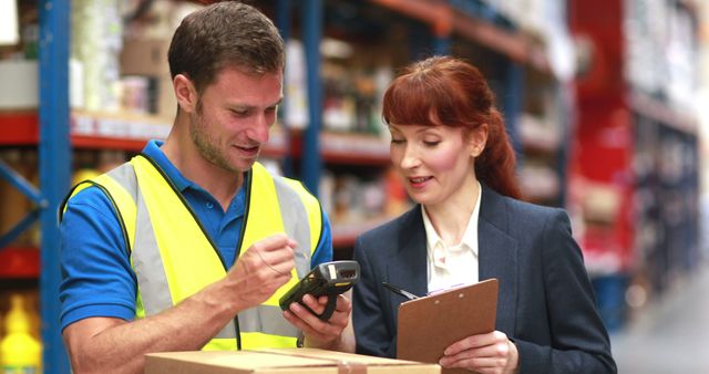 Warehouse Worker and Manager Discussing Inventory with Barcode Scanner - Download Free Stock Images Pikwizard.com