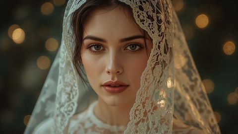 Elegant beautiful lady with lace veil and bokeh lights