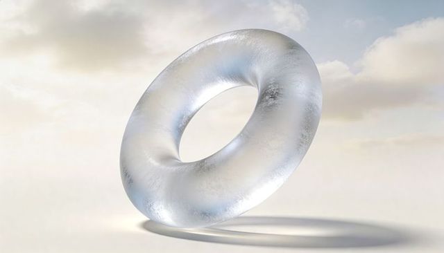 Translucent torus floating above pale surface with soft shadow and wispy clouds