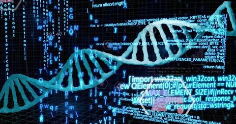 Holographic DNA Helix Rotating Through Neon Code Stream for Genomics Visualization