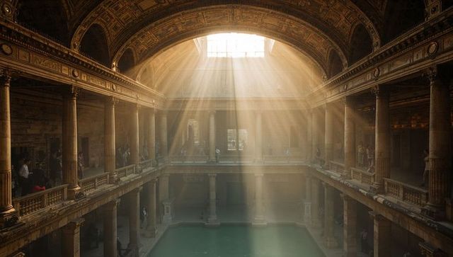 Historic bathhouse interior bathed in golden sun rays through skylight over thermal pool