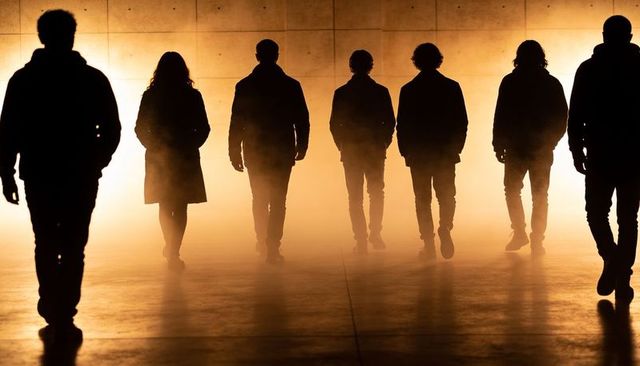 Walking silhouettes emerging through fog toward warm backlight in cinematic corridor