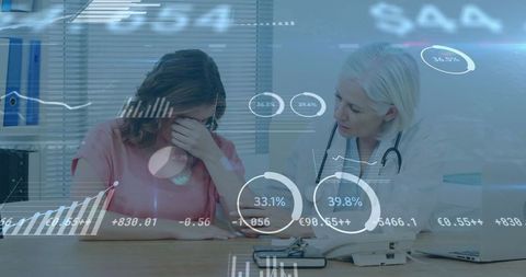 Doctor supporting distressed patient with chart data overlay