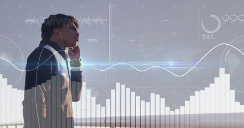 Young man listening with earbuds on rooftop with futuristic data HUD and audio waveform